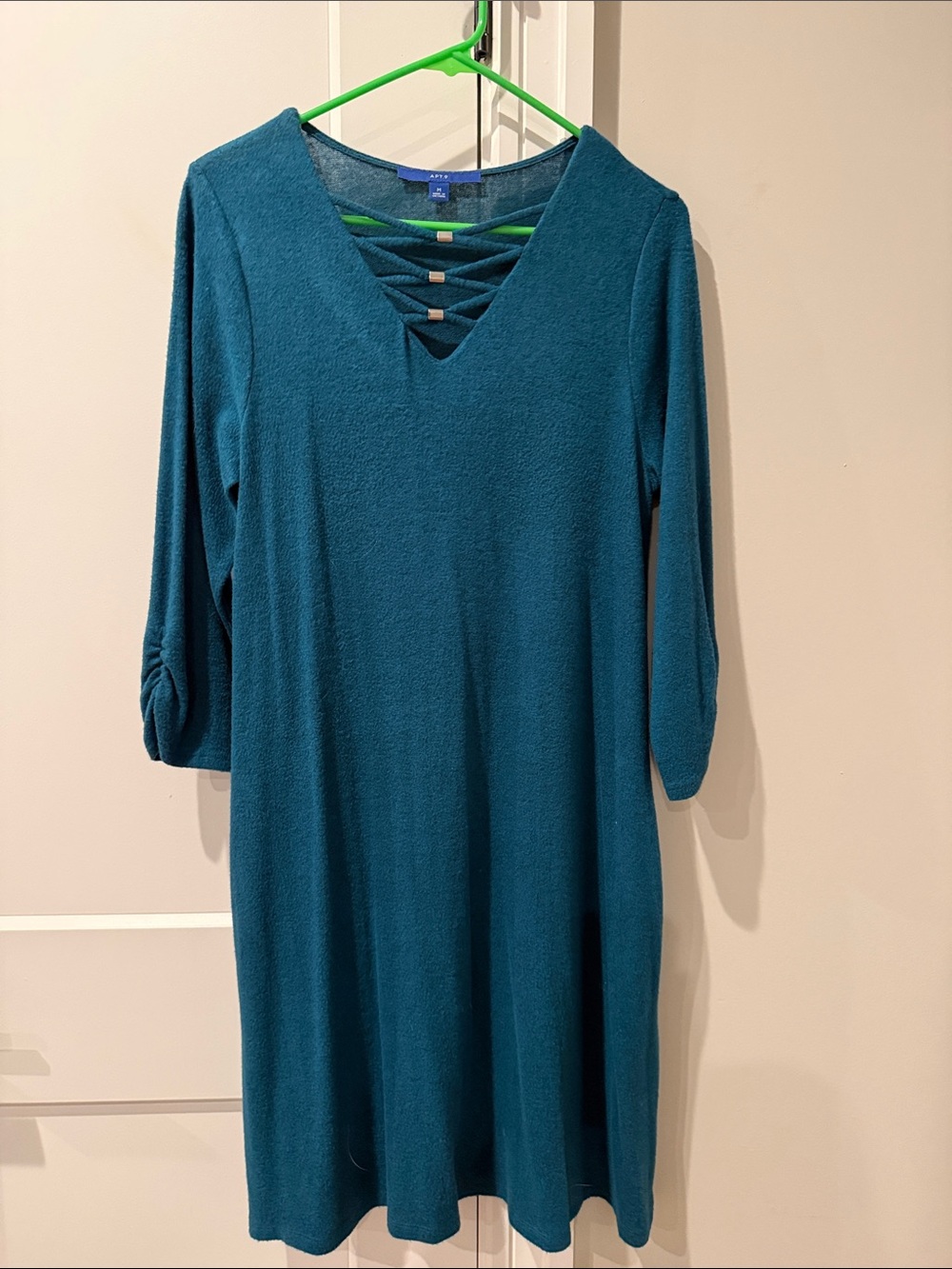 J. Crew Teal Green Long-Sleeve V-Neck Dress with Lattice Back